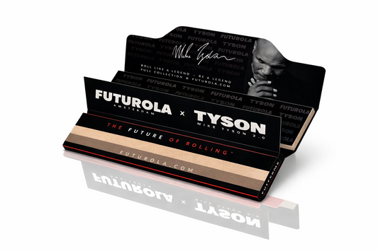 Tyson x Futurola King Size rolling papers with tips displayed in branded black packaging on a pure white background.