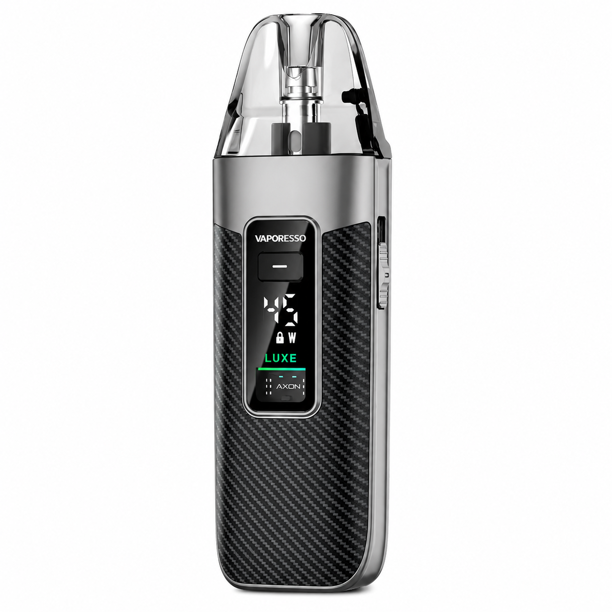 Black device with digital display on a pure white background.