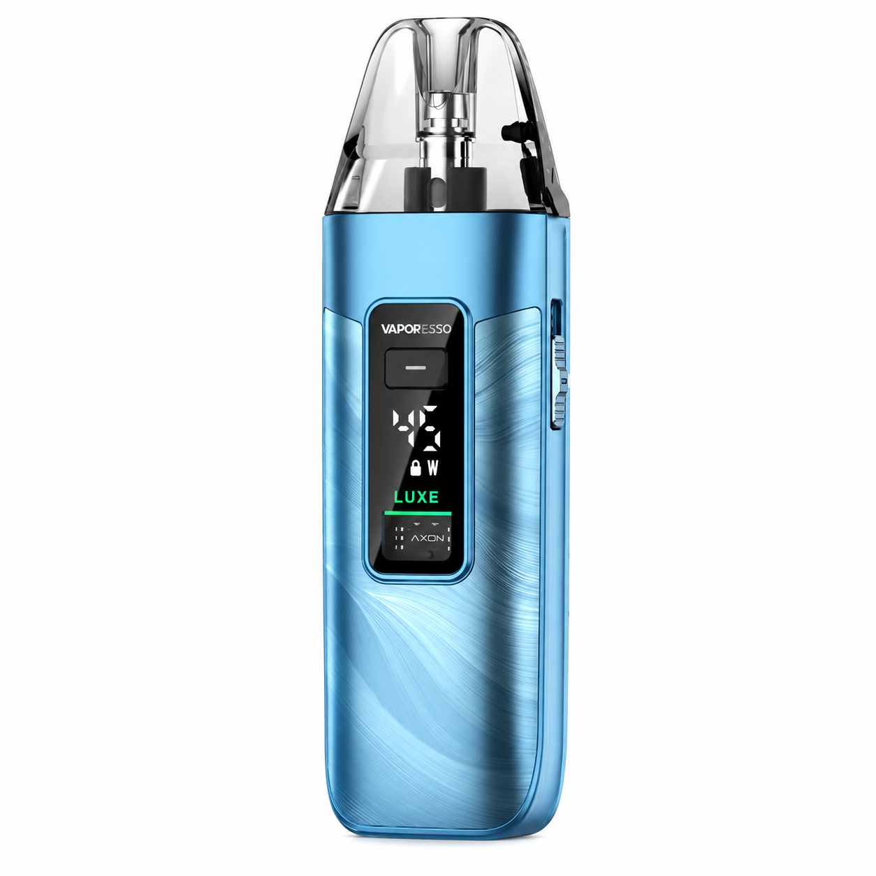 Blue device with digital display on a pure white background.
