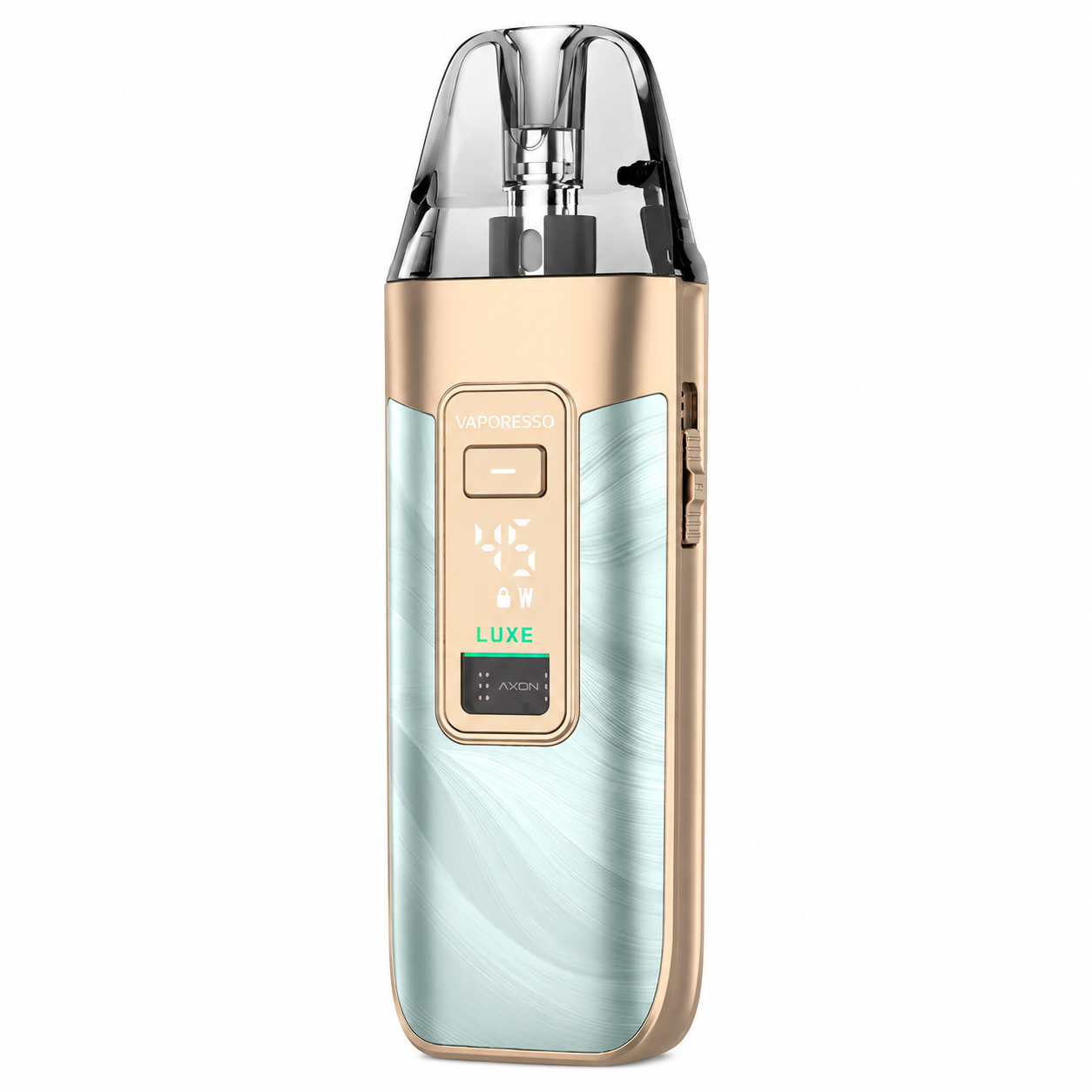 Gold and blue device with digital display on a pure white background.