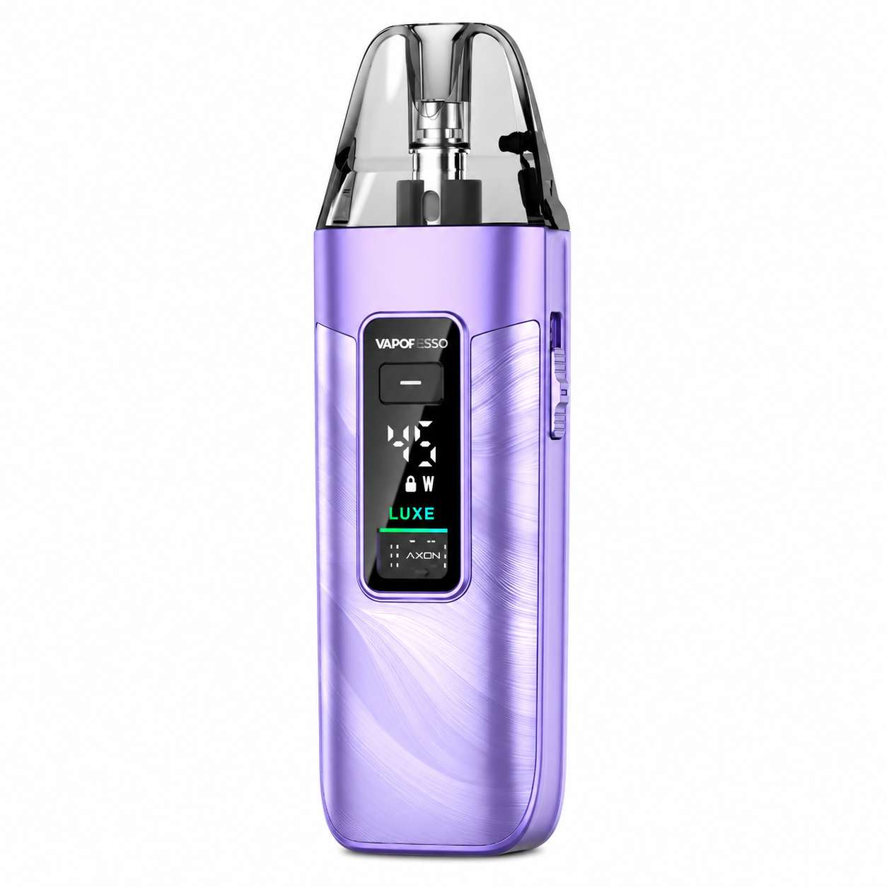 Purple device with digital display on a pure white background.