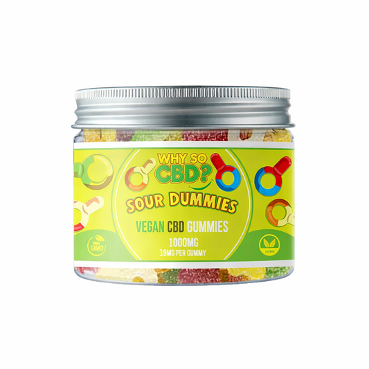 Why So CBD vegan gummies in sour dummies flavour, 1000mg pack displayed clearly with premium gummy detailing on a pure white background.