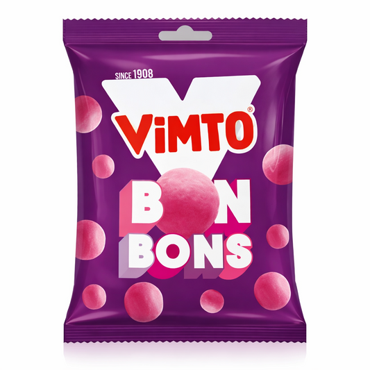 Vimto Bon Bons 120g chewy fruit flavour sweets bag shown upright in purple branded packaging on a pure white background.