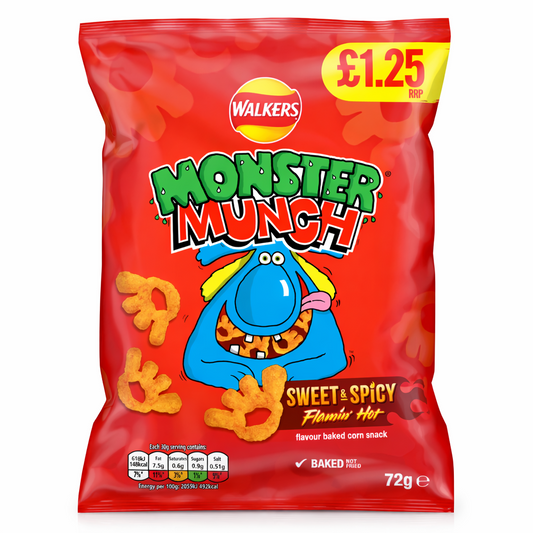 Walkers Monster Munch Sweet & Spicy Flamin’ Hot 72g bag shown upright with red branded packaging and monster‑shaped corn crisp graphics on a pure white background.