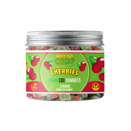 Why So CBD vegan gummies in cherry flavour, 1000mg pack displayed clearly with premium gummy detailing on a pure white background.