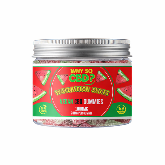 Why So CBD vegan gummies in watermelon slices flavour, 1000mg pack displayed clearly with premium gummy detailing on a pure white background.