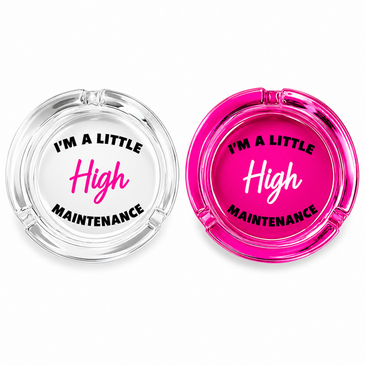 Two ashtrays, one clear and one pink, with humorous text on a white background.
