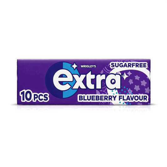 Wrigleys Extra Blueberry Flavour sugarfree chewing gum pack displayed horizontally with purple and blue packaging, star pattern graphic, and glossy finish on a pure white background.