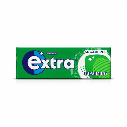 Wrigleys Extra Chewing Gum 14g pack shown upright with branded sugarfree gum packaging on a pure white background.