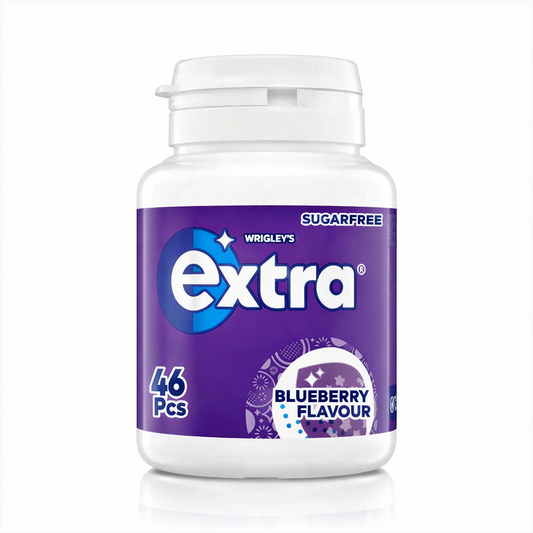 Wrigleys Extra Chewing Gum Sugar Free 46 Pieces 64g pot shown upright with branded packaging on a pure white background.