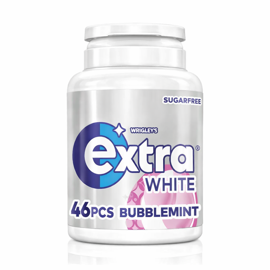 Wrigleys Extra Chewing Gum Sugar Free 46 Pieces 64g pot shown upright with branded packaging on a pure white background.