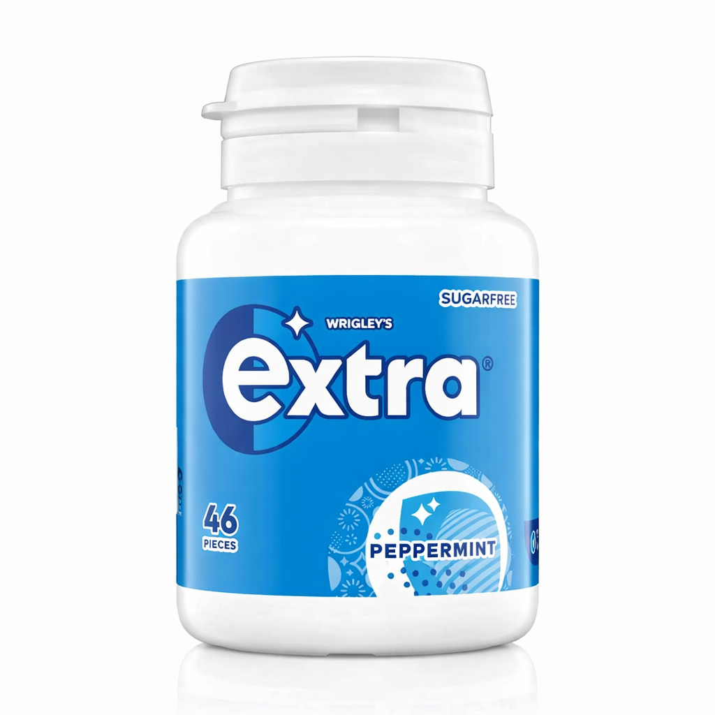 Wrigleys Extra Chewing Gum Sugar Free 46 Pieces 64g pot shown upright with branded packaging on a pure white background.
