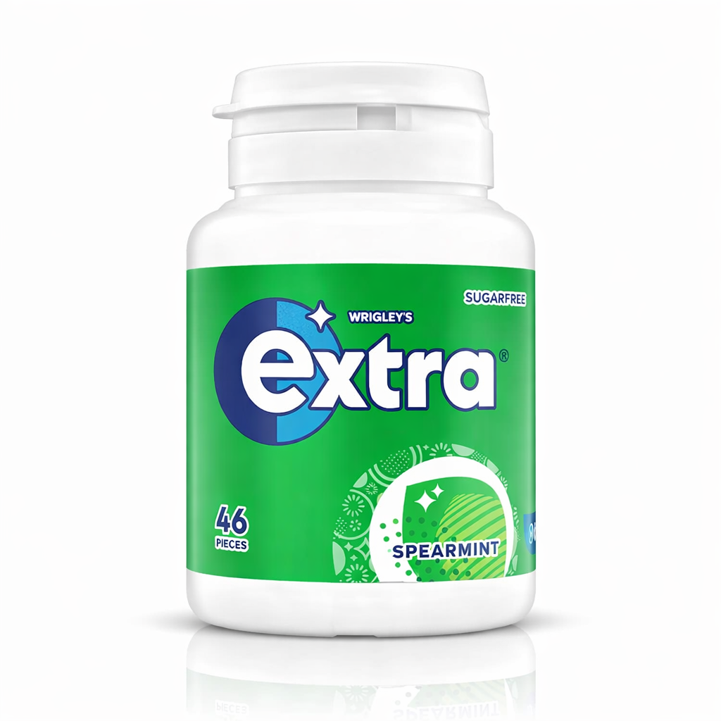 Wrigleys Extra Chewing Gum Sugar Free 46 Pieces 64g pot shown upright with branded packaging on a pure white background.